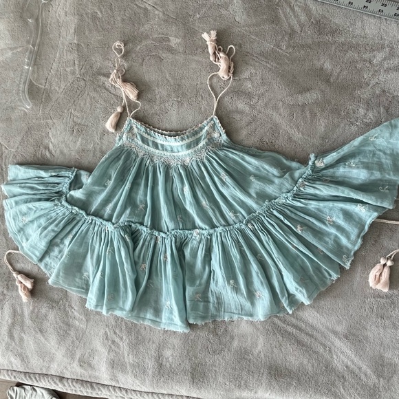 Free People Magic Power Light Blue Cotton Tassel Embroidered Raw Edge Top M Boho - Picture 10 of 11
